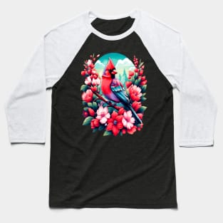 Cute Northern Cardinal Surrounded by Vibrant Spring Flowers Baseball T-Shirt